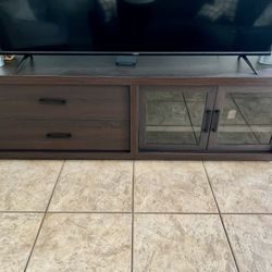 Like NEW dark wood TV Console with Double Storage Drawers + Glass cabinet with shelves