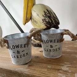 NEW- Set of 2 Vintage Candles Galvanized Metal Flower Bucket with Rope Handles 