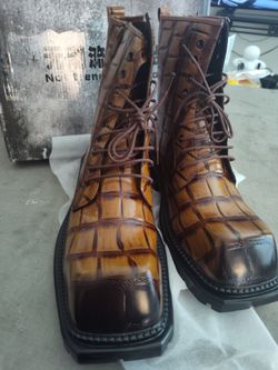Square Toe Croc Print Combat Boots - Honey Brown/Amber, Size 10 (NEW)