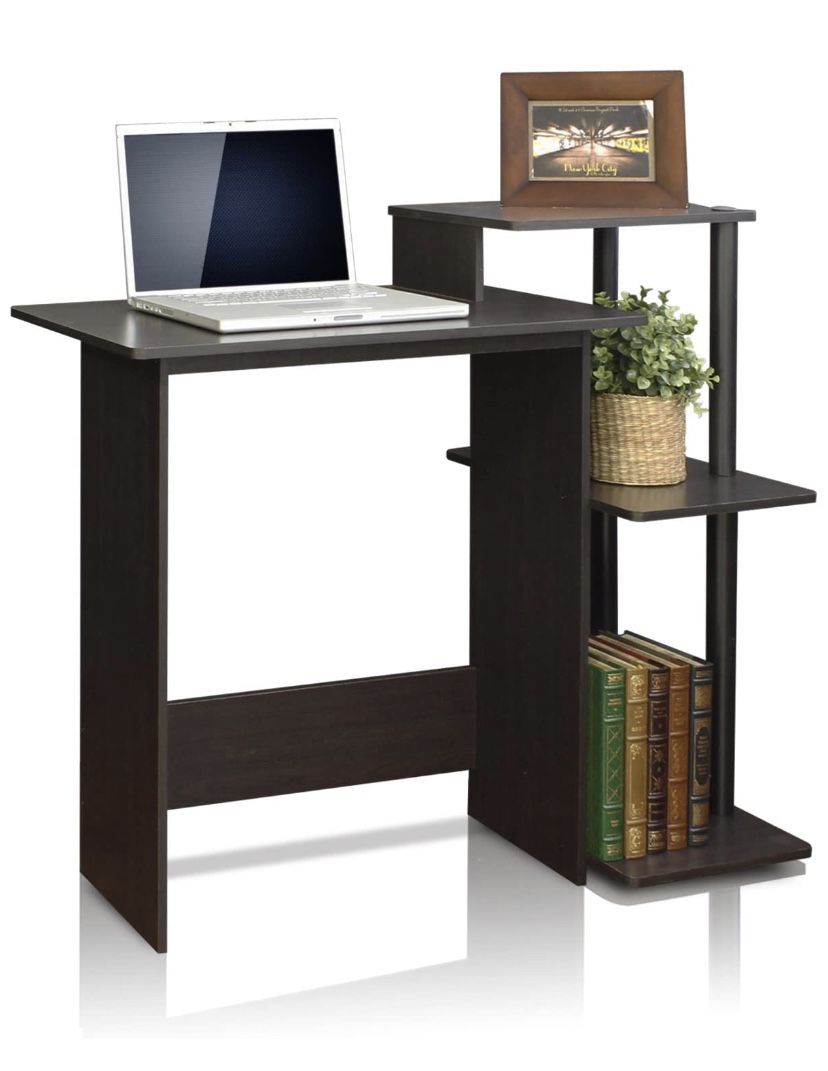 Computer desk workstation table - multiple shelves, dark brown