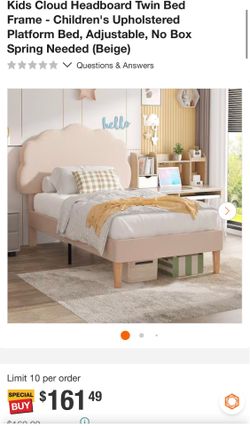Kids Cloud Headboard Twin Bed Frame - Children's Upholstered Platform Bed, Adjustable, No Box Spring Needed (Beige)