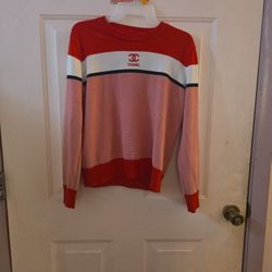 CHANEL Red White & Black Striped Logo Knit Sweater