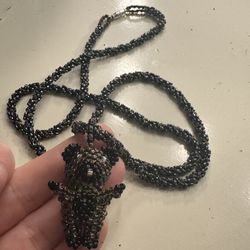 Black Sliver Beaded Bear Necklace 
