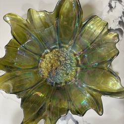 Carnival Glass Display Bowl (This is an Akcam Turkish glass serving platter with a sunflower design. )