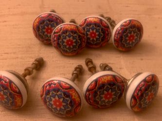 Set of 8 antique ceramic drawer pulls; bohemian design, original hardware