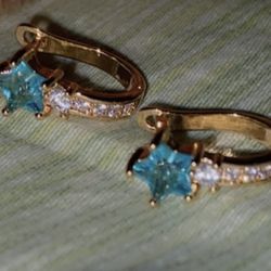 Gold Earrings W Blue Star N Diamonds Down The Front Side 