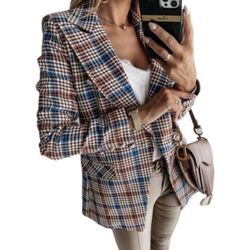 Women's Casual Long Sleeve Lapel Button Slim Work Office Plaid Blazer S,M