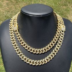 14k Gold Plated 13mm Cuban Link Chain 18” 20” 22” Iced out Premium Choker Necklace Box Clasp