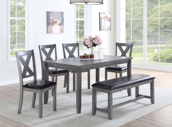 GRAY 6 Piece Dining Set Seats 6 Table, 4 chairs and bench