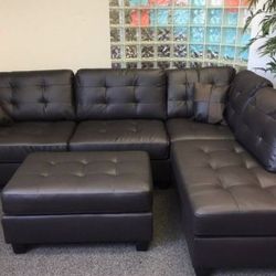 Brand New Espresso Color Faux Leather Sectional Sofa +Ottoman (New In Box) 