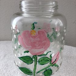 Pink Hand painted flowers glass jar