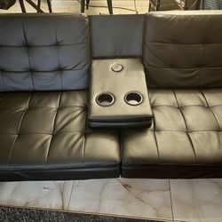 Black Futon, Convertible Sofa With USB/C Charging Station