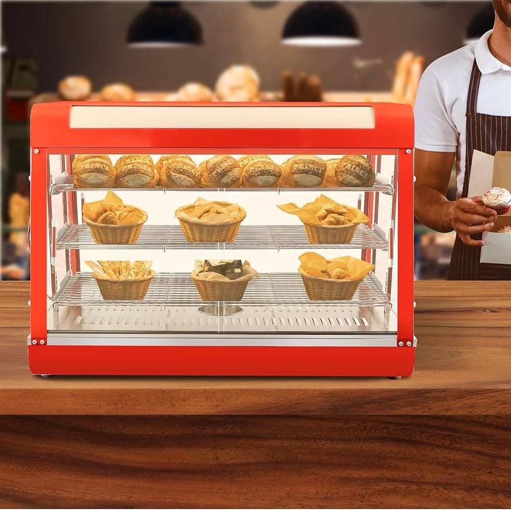 3-Tier Food Warmers Countertop, 35" Commercial Warm for Food Pizza Warmer w/ 3D Heating with Stainless Frame Sliding Glass Doors Pastry Display Case f