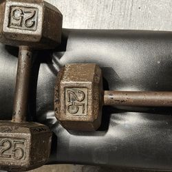 pair of twenty five pound dumbbells