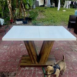 Modern Dining Table with V-Base Pedestal – White Top & Wood Finish