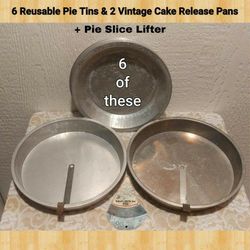 6 REUSABLE PIE TINS & 2 VINTAGE CAKE RELEASE PANS + PIE SLICE LIFTER
