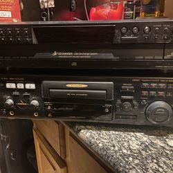 JVC karaoke machine Sony five disc cd changer Sony DVD player Panasonic Blu-ray and one Panasonic DVD cd