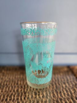 Vtg. Hazel Atlas Monticello Turquoise Drinking Glasses, Horse/Buggy Images Set of 6