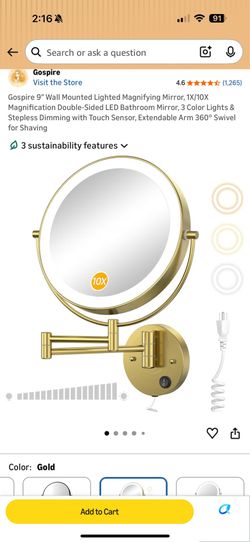 Gospire 9” Gold Lighted Wall Mounted Makeup Mirror (1X/10X) LED