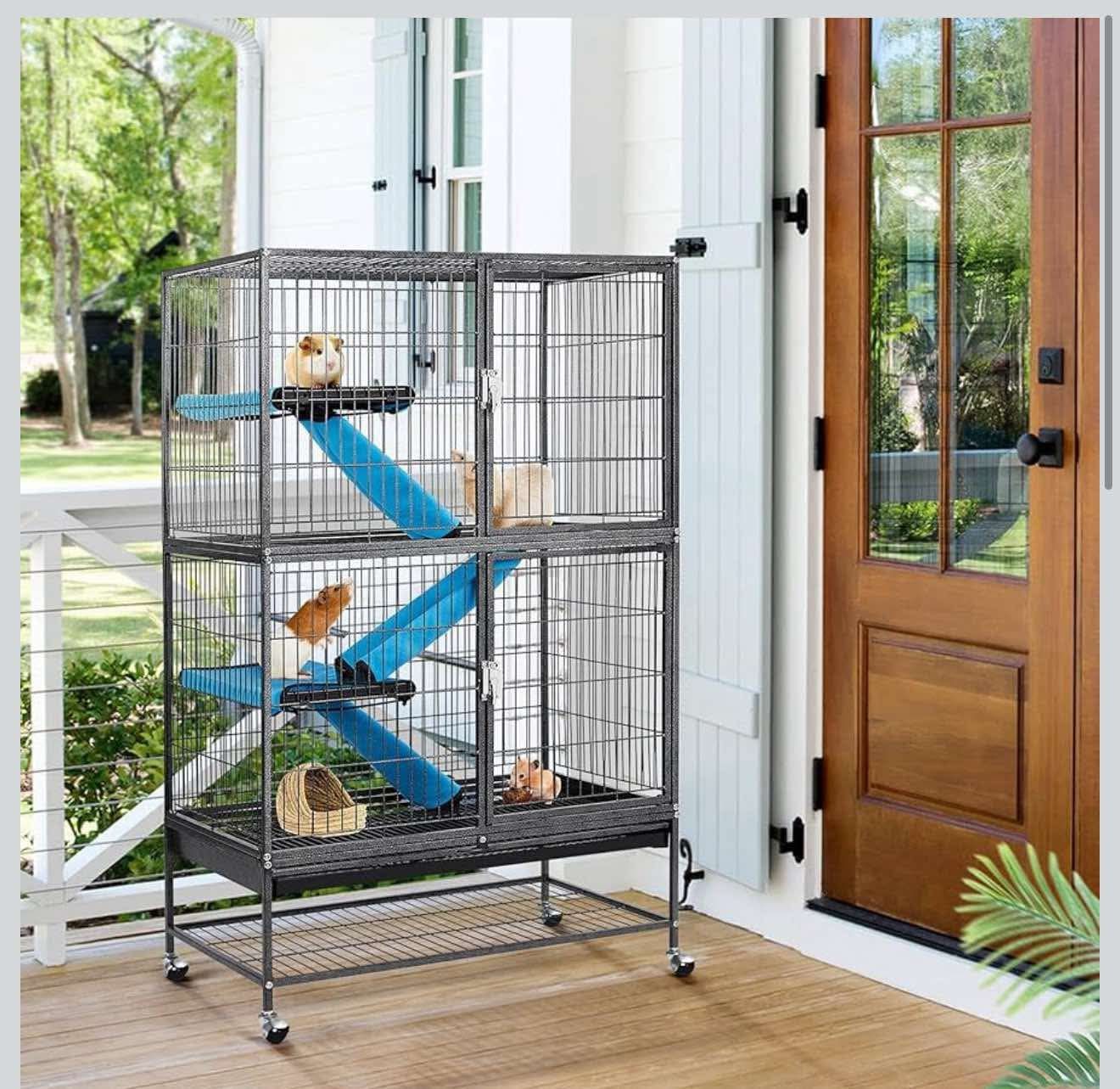 54'' Rolling Ferret Cage Large 4-Tiers Chinchilla Cage Small Animal Cage, Sugar Glider w/ 2  Removable Ramp Black J-2
