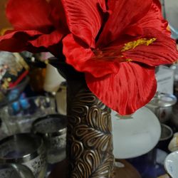 Carved Wood Vase With Red Flower