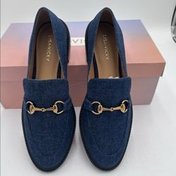 Lisa Vicky Nordstrom Zany V Dark Blue Denim Leather Loafer Size 7 M New 