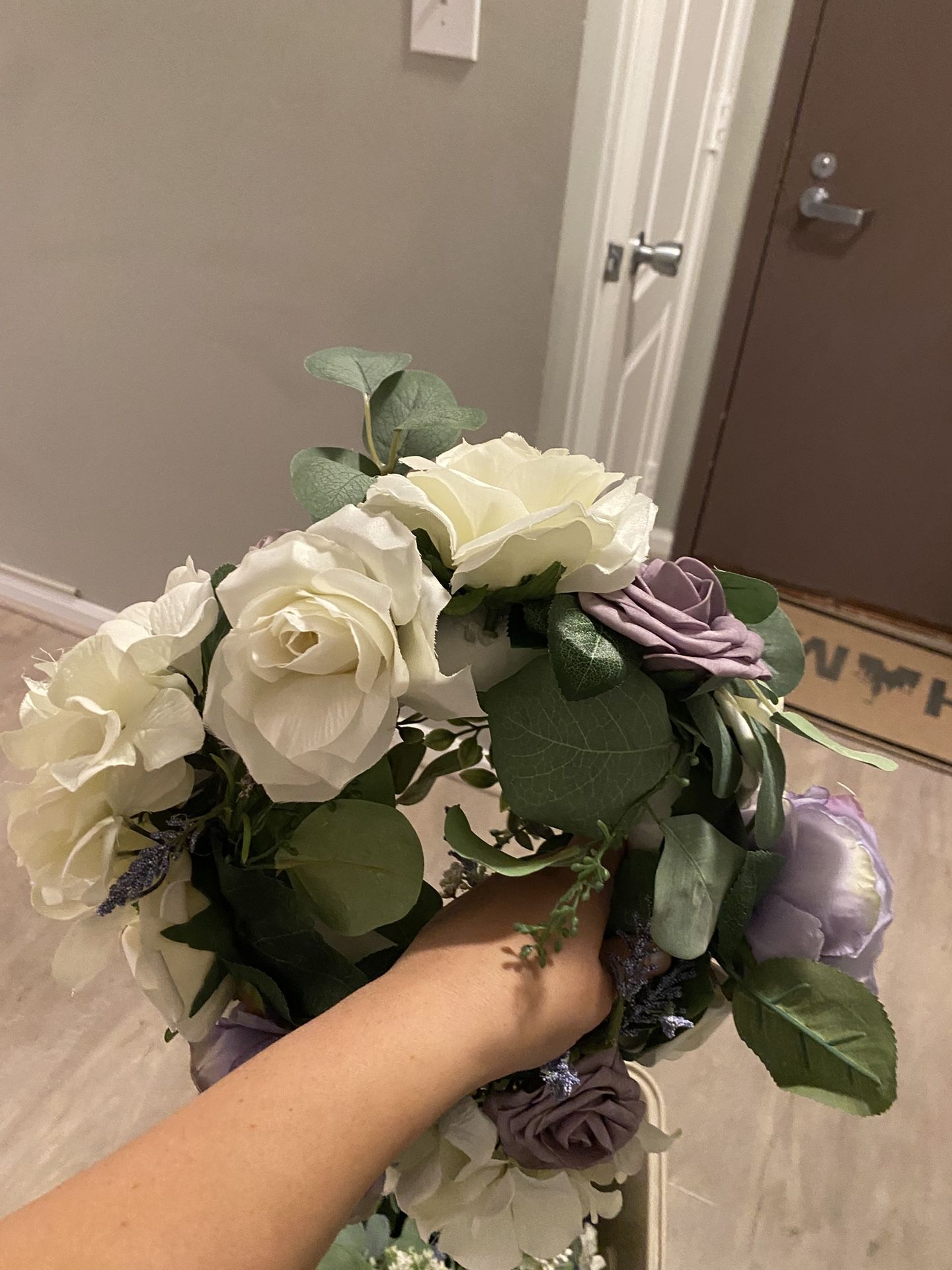 7 Homemade Purple and Ivory Wedding faux flower centerpieces