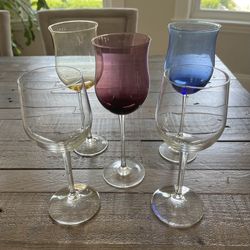 Lot of 5 Wine Glasses—2 New, 3 Vintage (Colors)