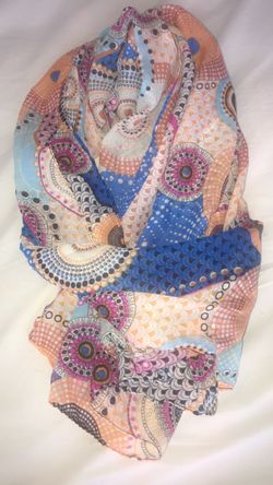 Large multicolored print design satiny scarf