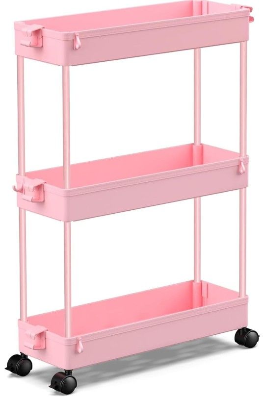 Pink Rolling Storage Cart 3 Tier Organizer Utility Cart Mobile Shelving Unit