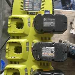 Ryobi saws with multi charger and batteries