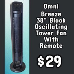 New Omni Breeze 38" Black Oscillating Tower Fan w/ Remote: Njft 