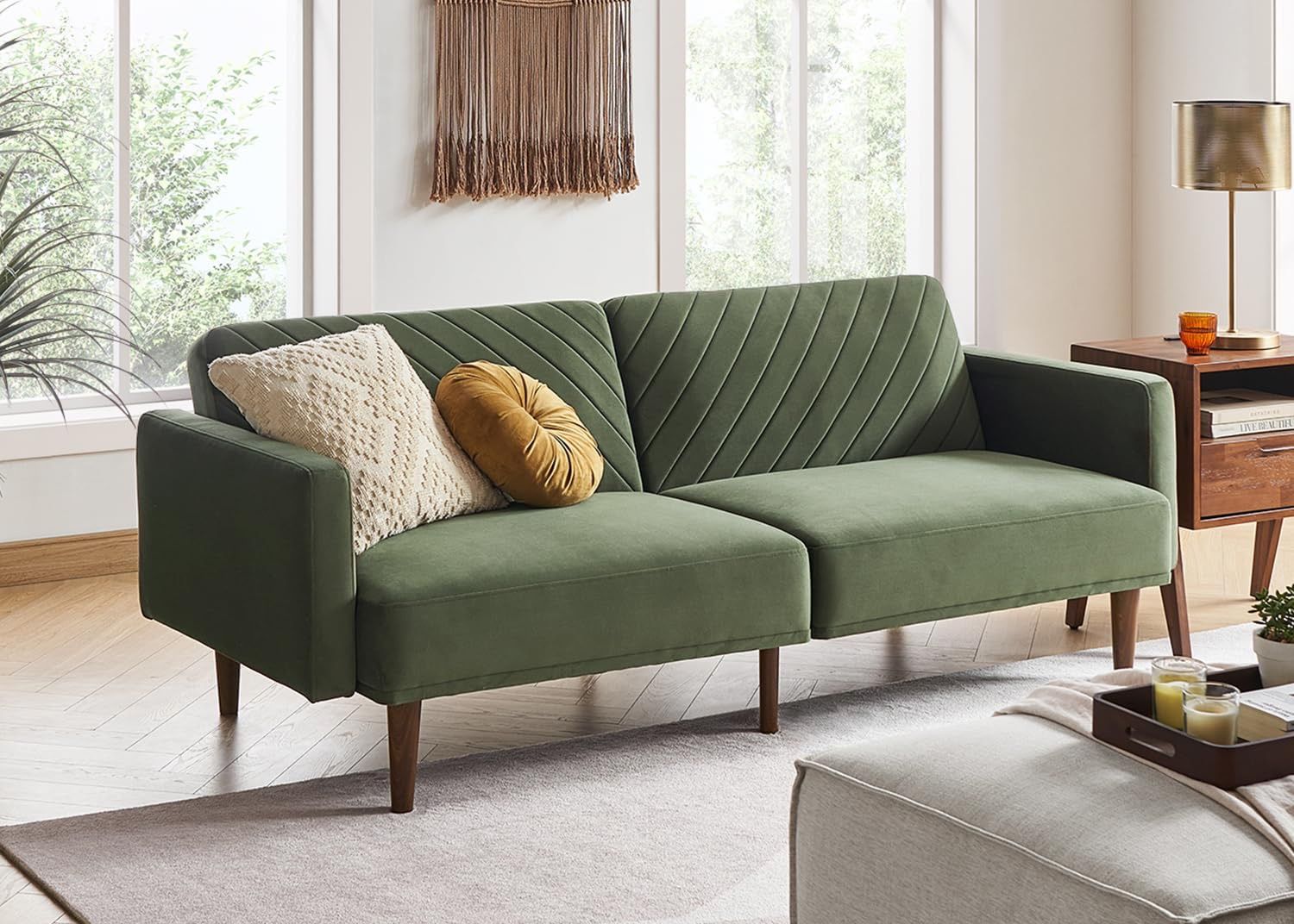 mopio 76.8" Futon Sofa Bed, Small Couch, Sleeper, Loveseat, Mid Century Modern Futon Couch, Sofa Cama, Couches for Living Room (Olive Green Premium Ve