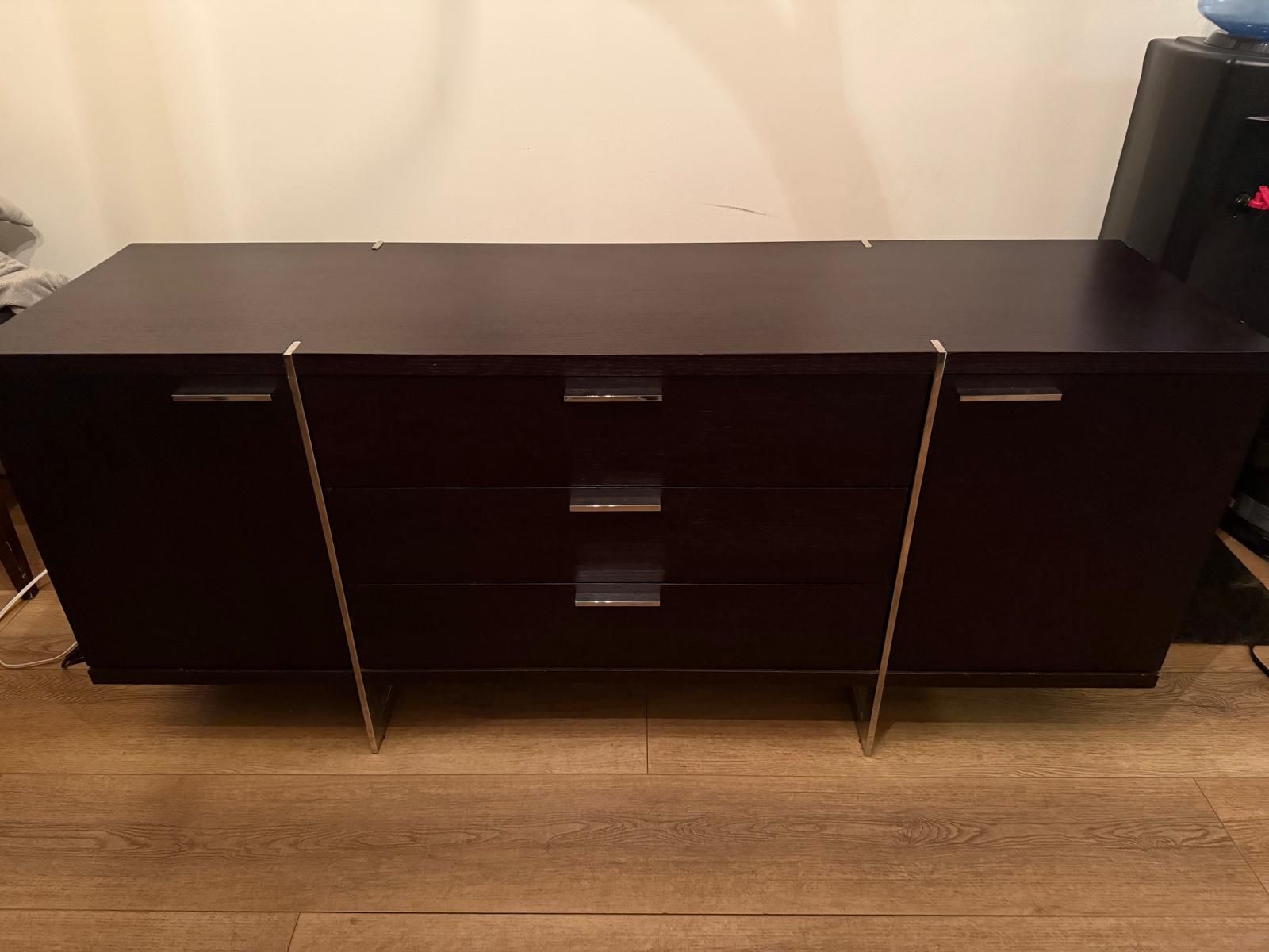 Modern Expresso brown Dark Wood Console table / tv Stand With Cabinets And Drawers Silver Detailing