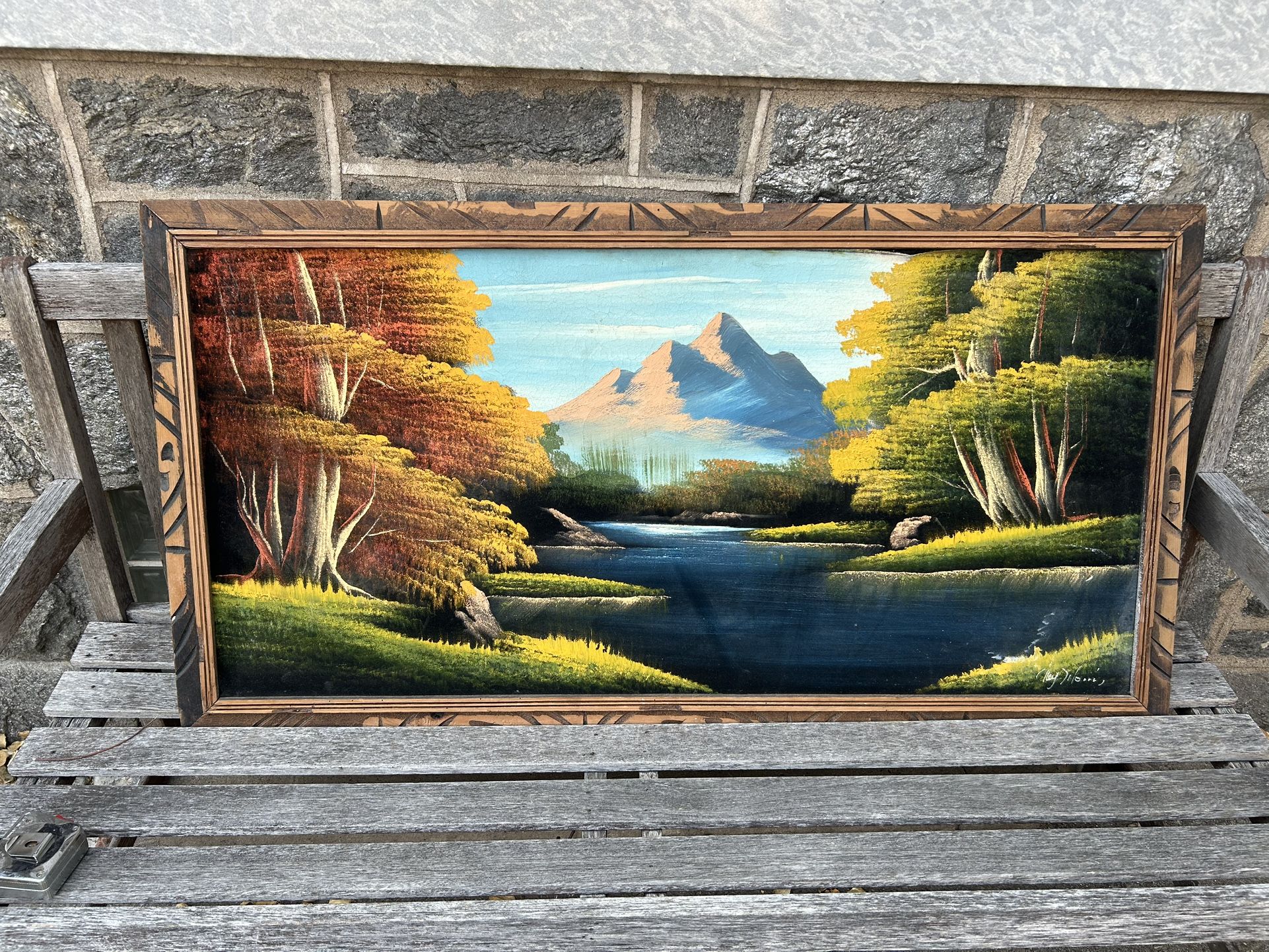 Vintage velvet painting 48.5”x25.5” fall nature scene river mountains outdoors great colors signed