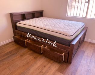 Queen Solid Wood Bed With 3 Drawers And Mattress $760
