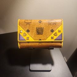 MCM Trifold Wallet, RARE Style Visetos Original Cognac Monogram With Purple And Yellow Design