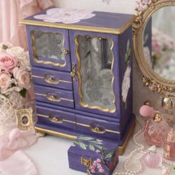 Upcycled Violet Wooden Jewelry Box with Gold Accents + Matching Trinket Box | Vintage Floral Jewelry Storage | One of a Kind Gift for Her