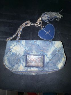 Vintage Bebe Denim Patchwork Wristlet Clutch Purse Y2K Blue Studded Bag w/ Heart Mirror Charm