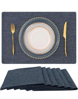 Faux Cotton Linen Placemats Set of 6, Cloth Washable Farmhouse Dining Table Mats for Indoors & Outdoors, Easy to Clean, Charcoal, 13 x 19 Inch