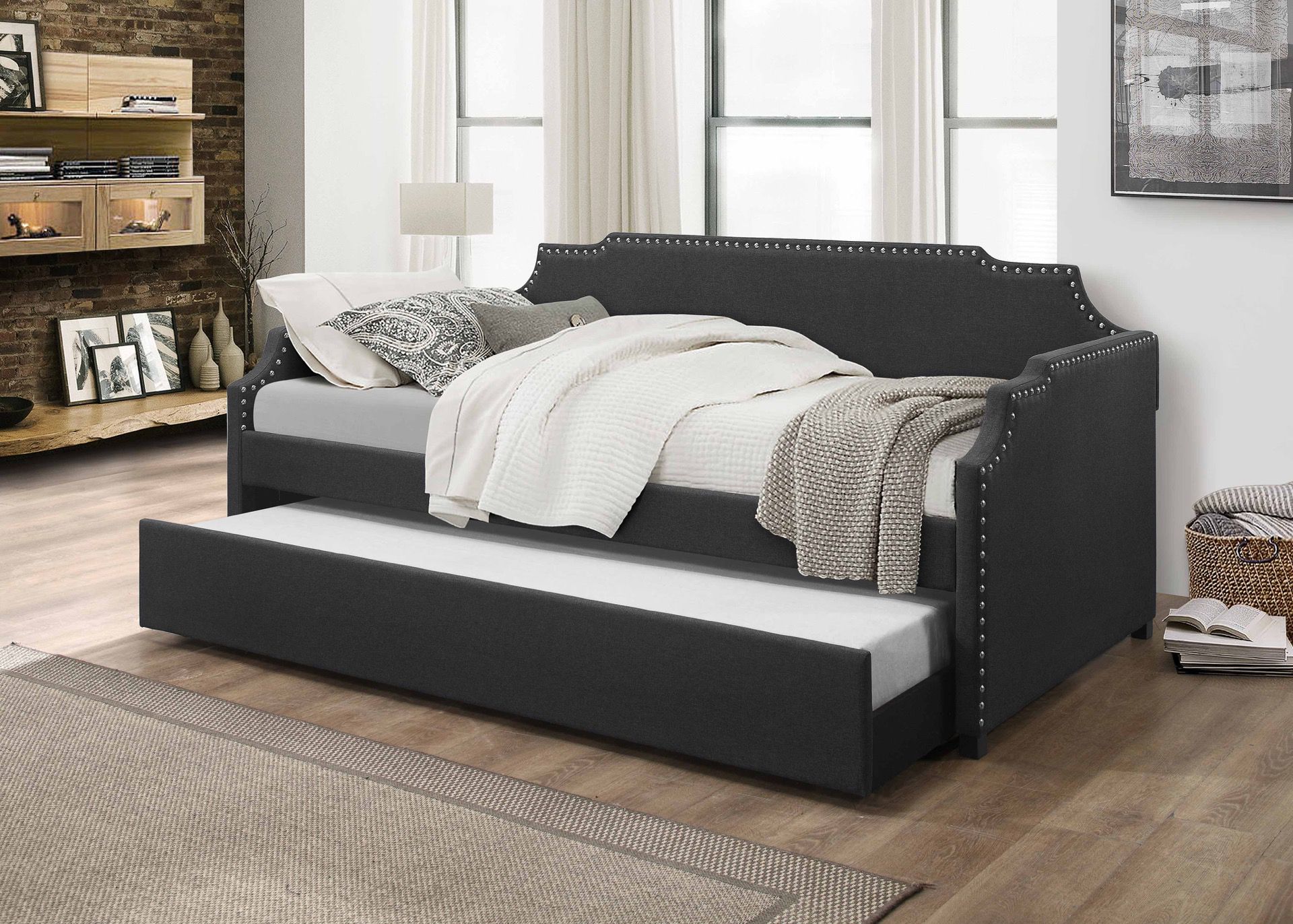 Beige Daybed with Trundle, Twin over Twin Bed Frame