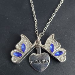 Butterfly Pendant Necklace Blue Gems Silvery, Butterfly Opens Up  Love You