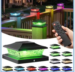 4x4 Post Solar Lights Color Changing with Remote, 12 Pack Black  RGB Solar Post Lights, 4x4 Post Caps Wood Vinyl,5x5 Vinyl & 6x6 Wood,IP44 Waterproof 