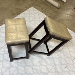 Linon Kingston Brown Wooden Backless Counter Stool with Beige Faux Leather Upholstered Seat and Nailheads, Set of 2