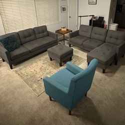 (2) 73” L-shape, Sectional Sofa w/reversible Chaise Lounger & Chair