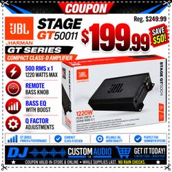 JBL Stage GT Series Mono Subwoofer Amplifier 1220 Watt Compact Amp Remote Bass Knob Controller StageGT 50011 StageGT50011AM