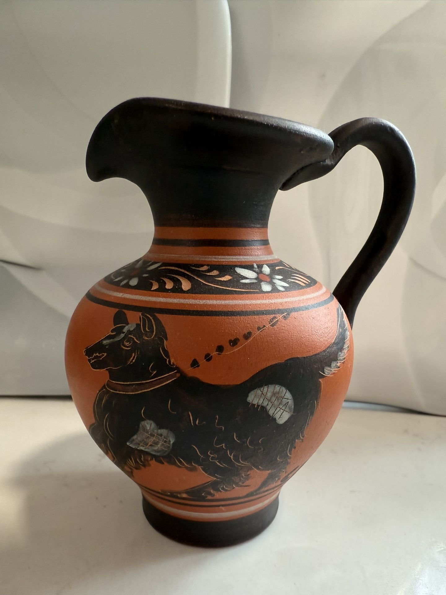 Vintage Greek Hand Made Hand Painted Small Clay Art Pottery Pitcher Jug from Pompeii - flowers, swirls, animal approx 5” x 5”