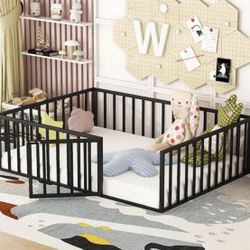 Black Metal Frame Full Size Floor Platform Bed with Full-Length Fence Guardrails and Door
