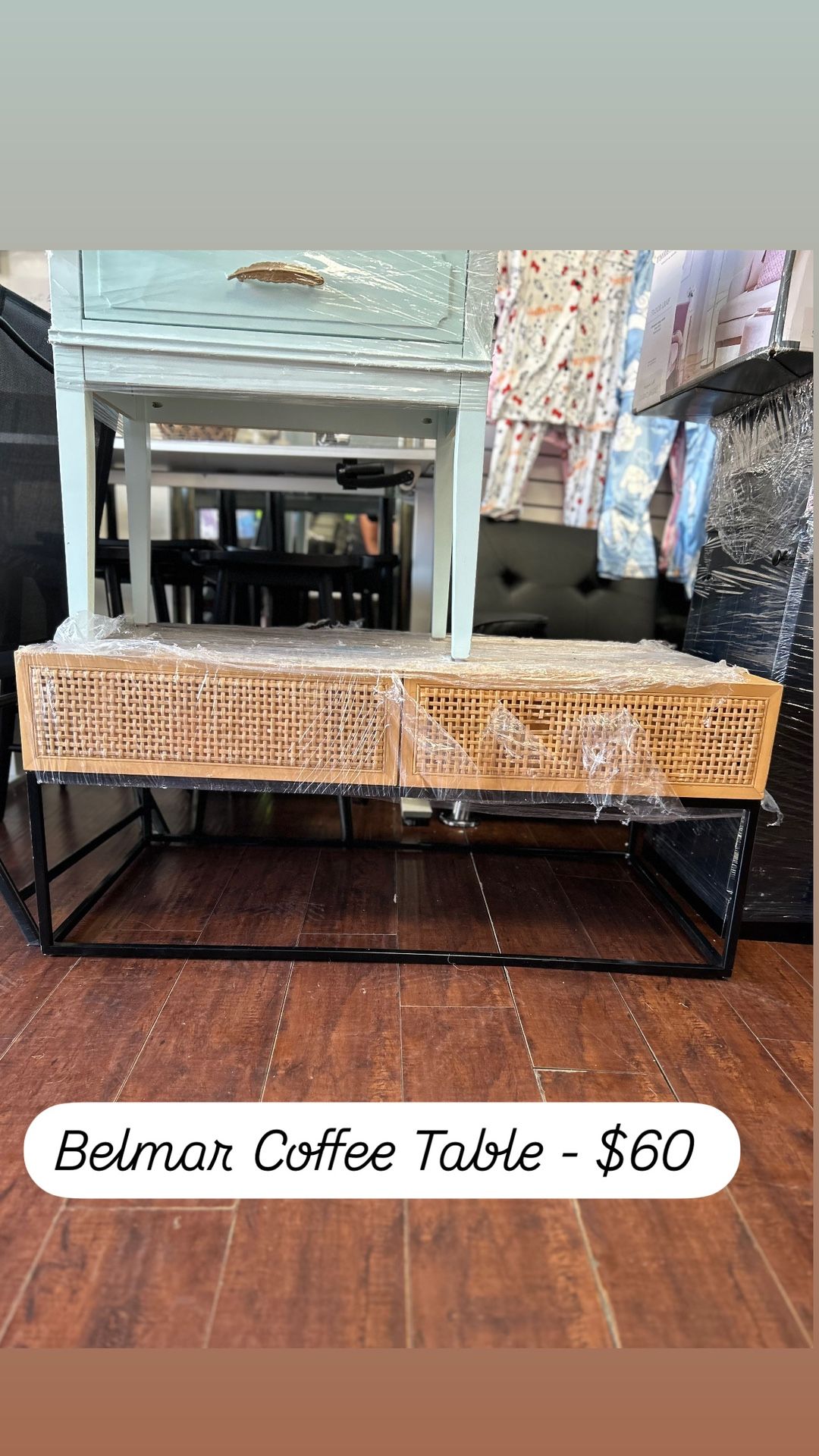 Belmar Woven Drawer Coffee Table Natural 42" Wood Frame Rectangle Shape