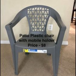 Adams Penza Outdoor Resin Stack Chair with Phone Holder, Plastic Patio Furniture, Gray